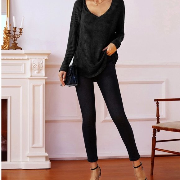 Waffle Knit Drop Shoulder V Neck Tee - Picture 4 of 6